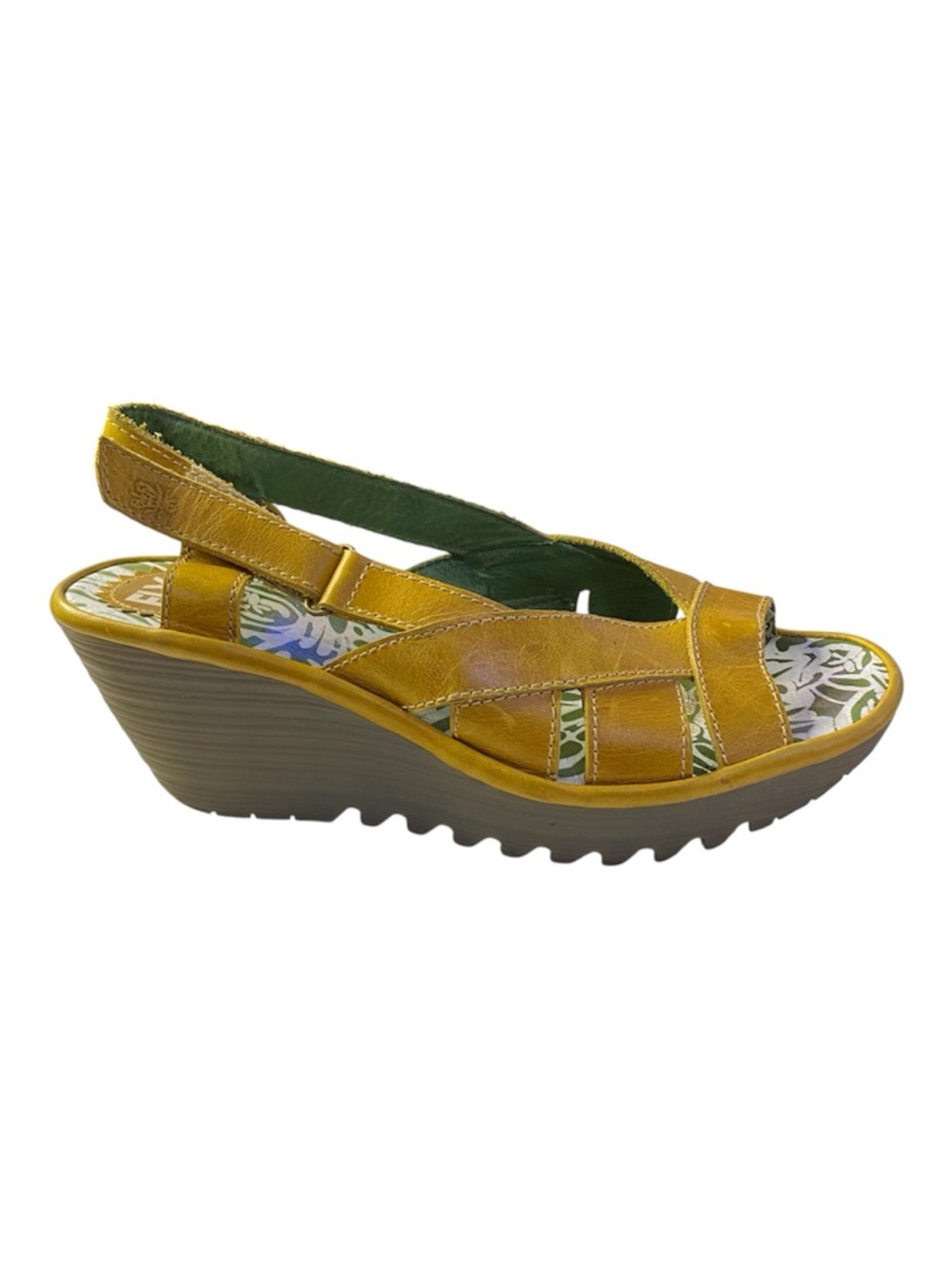 Fly London Wedge Leather Sandals Size 8-8.5 Mustard Yellow Cut Outs